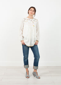 Thumbnail for Floral Front Peasant Blouse in White