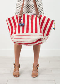 Thumbnail for Woven Oversized Tote in Red Stripe